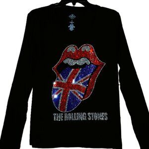 Rolling Stones flag rhinestone bling black long Sleeve V Shirt XS S  M L XL X…